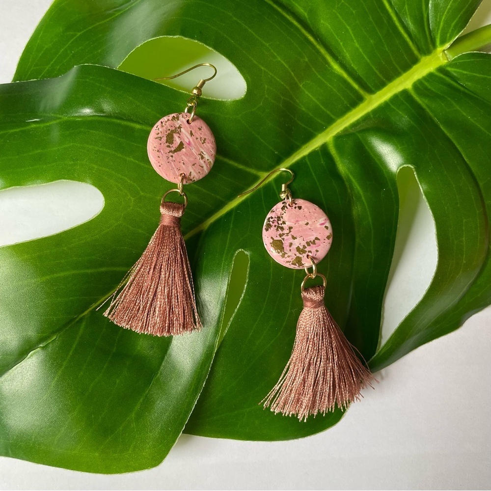 Pink Clay Earrings, Pink Fringe Earrings, Pink & Gold Dangle Earrings